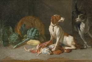 Two hounds with a still life of entrails, artichokes, lettuce, squash and a woven basket