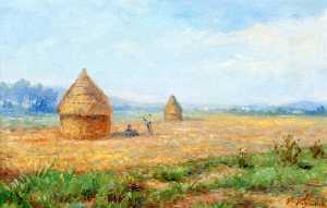 Field of Wheat with Haystacks