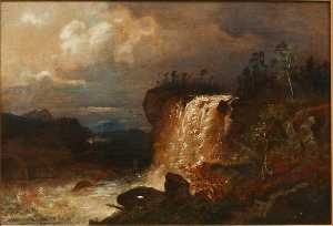 Mountainous Landscape with Waterfall
