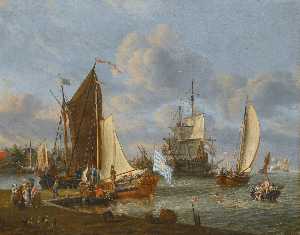 A Dutch harbour with a bezan yacht and a galjoot moored at a quay, a boeier yacht under sail and a man o'war anchored beyond, with figures bathing from a rowing boat