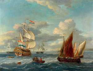 一个 荷兰  两 德克尔 和别的 船舶 海上  在 断断续续 大海