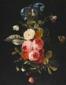 Still life of pink, yellow and white roses hanging from a blue ribbon with a red admiral and a cabbage white
