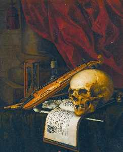 A vanitas still life with a skull, a violin, a musical score, a pipe and tobacco, an hourglass and a candle on a draped table