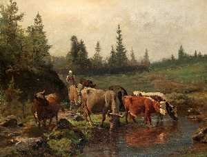 Пейзаж с крупного рогатого скота Полив