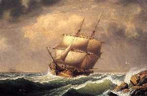 merchant brig unter reefed topsails
