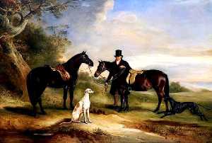 A Groom with Two Ponies and Two Greyhounds in a Landscape