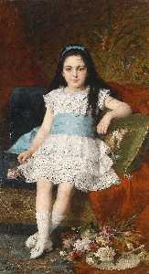 портрет девушки в белом платье с синий sash и розы