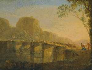 Landscape with shepherds and their flock crossing the Ponte Acquoria near Tivoli