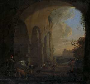 Herders with Their Animals under an Arch of the Colosseum in Rome