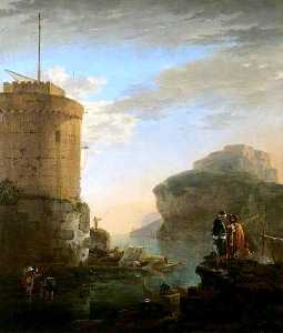 一个 地中海 沿海 有观点 航运 和水手 由 堡垒