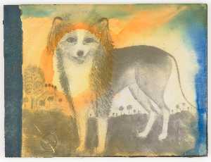 Untitled (painting of dog in landscape)