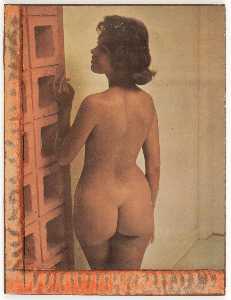 Untitled (standing nude brunette by cinderblock wall)
