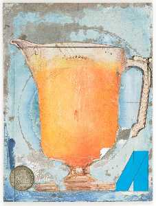Untitled (glass pitcher, embossed with female figure, filled with orange liquid)