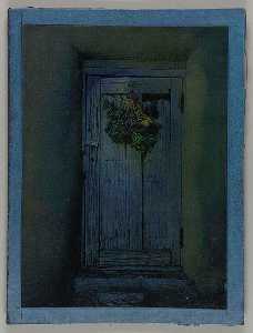 Untitled (rough hewn wooden door hung with decorated evergreen bough)