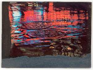 Untitled (red and blue reflections on sewer covers in wet street)
