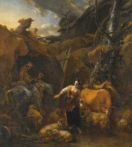 A Mountainous Italianate Landscape with Milkmaids and Other Figures