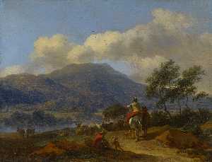 Mountainous Landscape with Two Shepherds, a Shepherdess and Cattle