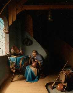 An Elderly Woman, Seated by a Window at her Spinning Wheel, Eating Porridge
