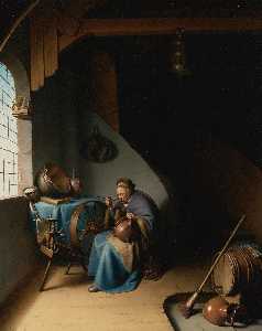 an elderly woman, seated by a window at her spinning wheel, eating porridge