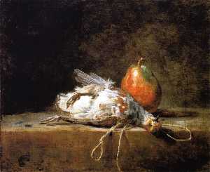 Grey Partridge, Pear and Snare on a Stone Table