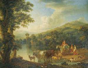 A Wooded River Landscape with a Woman on a grey horse with animals watering A Wooded River Landscape with a shepherd resting beneath a tree by cows and goats