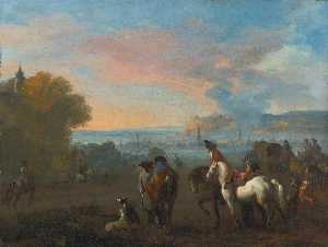 Landscape with two horsemen duelling, figures and a town beyond