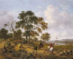 A Hilly Landscape with a Hawking Party
