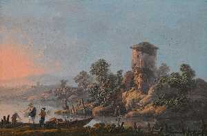 A River landscape with a ruined tower and fishermen with their nets in the foreground