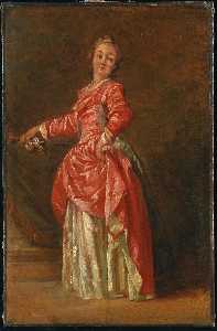 Una dama , vistiendo un vestido rojo , en un el interior