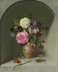 Flowers in a Clay Jug on a Niche with Grasshopper