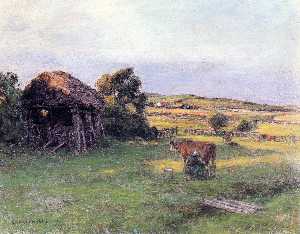 paisagem com um campesino mulher ordenha  uma  vaca