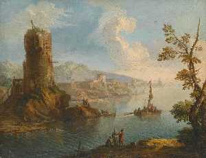 Harbour scene with a ruined watch tower and groups of figures standing on the rocky shore