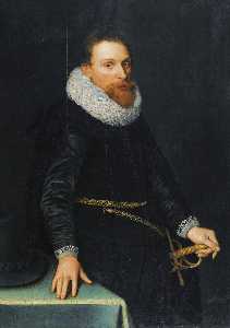 Portrait of a Gentleman, Three quarter length, standing, wearing a black tunic and white ruff