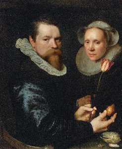 Double portrait of a husband and wife, he holding a tulip and bulb, a selection of shells on the shelf below
