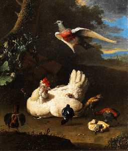 Deutsch Federvieh (Henne, Küken, Wachteln, Taube) in Landschaft unter einem Baum