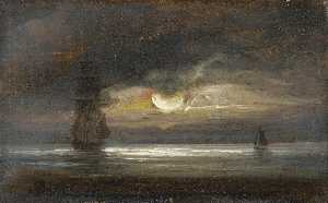 Two Sailing boats by moonlight
