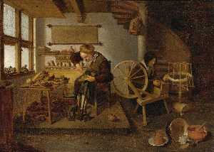 A Cobbler at Work, his Wife spinning Wool