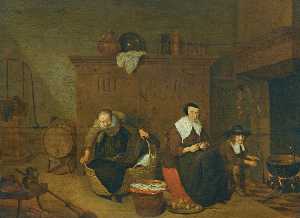 an Interior with a woman peeling turnips