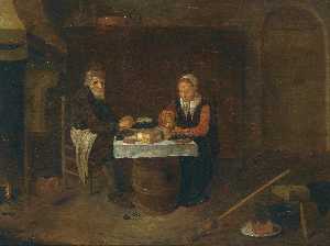 A modest interior with an elderly couple seated at a table, eating mussels and bread