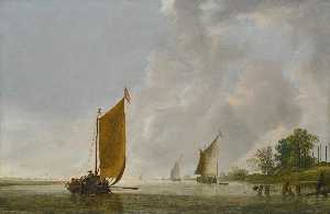 A calm estuary at dawn with a Dutch kaag