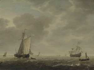 A Dutch Man of War and Various Vessels in a Breeze