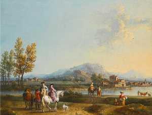 An Italianate Landscape with Elegant Figures on Horseback