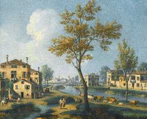 A landscape at the outskirts of a town with a peasant driving his cattle along a river bank