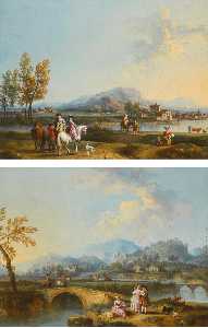 An Italianate landscape with elegant figures on horseback, before a riverside town An Italianate landscape with horsemen crossing a bridge, a lady and gentleman in the foreground