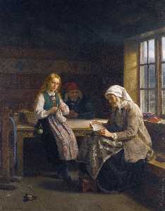 Norwegian En Hardanger interiør, ung jente strikking A Hardanger interior, young girl knitting