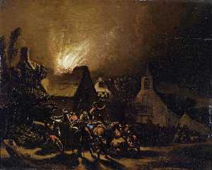 Marauders di fronte un ardente villaggio