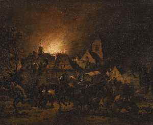 a night scene with a fire in a village