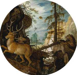 A lion hunting two deer