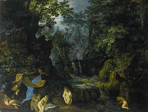 A forest landscape with bathing nymphs and Leda and the swan