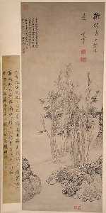 明董其昌仿倪瓒山水图轴 风景  与 树  在 方式 的 妮 赞 ( 1301–1374 )